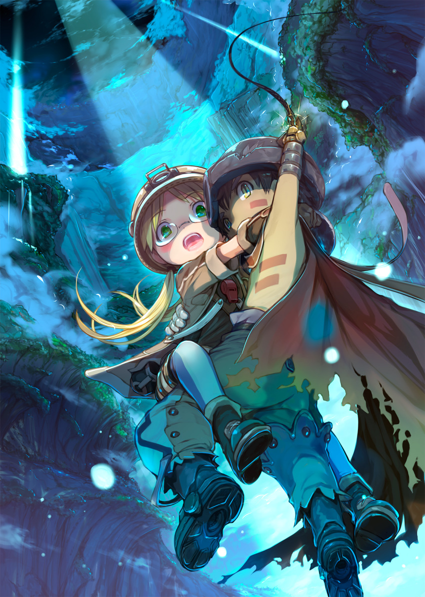 1boy 1girl blonde_hair boots cape carrying cloud commentary_request floating_hair glasses gloves green_eyes helmet highres light_rays low_twintails made_in_abyss mikazuki_akira! nature night open_mouth pants regu_(made_in_abyss) riko_(made_in_abyss) scenery shaded_face sky tongue twintails upper_teeth whistle yellow_eyes