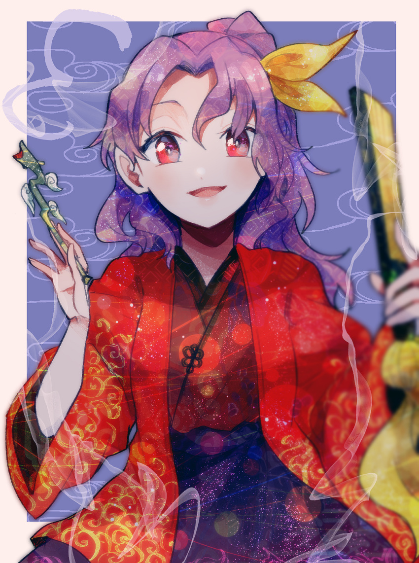 1girl blue_background hairband hand_up highres itomugi-kun japanese_clothes kimono komakusa_sannyo long_hair long_sleeves looking_at_viewer multicolored multicolored_clothes open_mouth pipe ponytail purple_hair red_eyes ribbon smile smoke solo touhou yellow_hairband yellow_ribbon