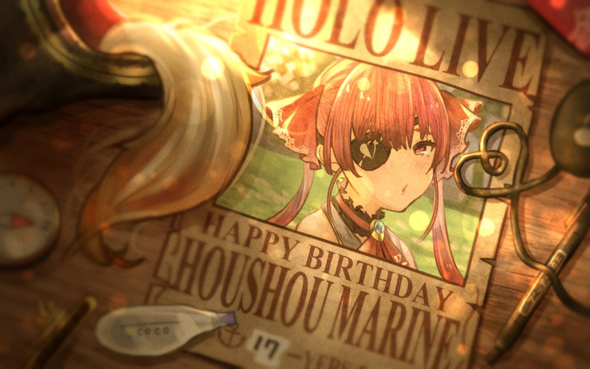 ascot brooch commentary_request compass english_text engrish_text eyebrows_behind_hair eyepatch happy_birthday hat highres hololive houshou_marine jewelry pirate_hat poster_(object) ranguage red_eyes red_hair red_neckwear uni_hand virtual_youtuber