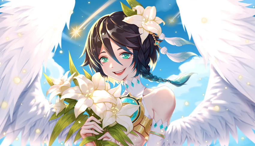 1boy alternate_costume androgynous bangs bare_shoulders black_hair blue_hair braid cloud cloudy_sky collarbone comet crop_top day elbow_gloves feathered_wings feathers flower genshin_impact gloves gradient_hair green_eyes hair_flower hair_ornament holding holding_flower leaf light_particles looking_at_viewer male_focus multicolored_hair open_mouth outdoors short_hair_with_long_locks sky sleeveless smile solo twin_braids venti_(genshin_impact) white_flower white_gloves wings yunduan