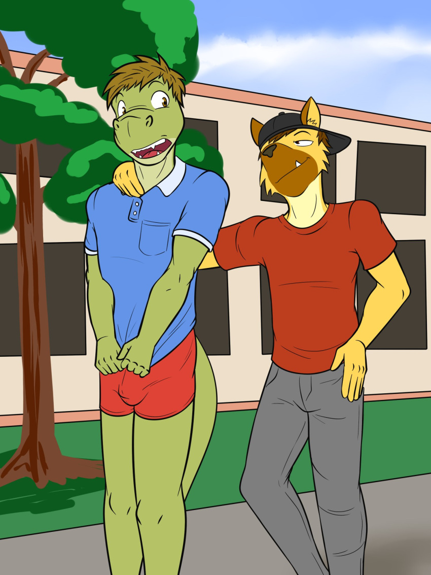 3:4 alligator alligatorid anthro backwards_baseball_cap baseball_cap bottomwear boxer_briefs bulge clothed clothing crocodilian duo embarrassed fully_clothed furgonomics fuze fuzeyeen gabriel_(fuze) hand_on_shoulder hat headgear headwear hi_res hyaenid male male/male mammal outside pants pantsless polo_shirt reptile scalie shirt spotted_hyena t-shirt topwear underwear