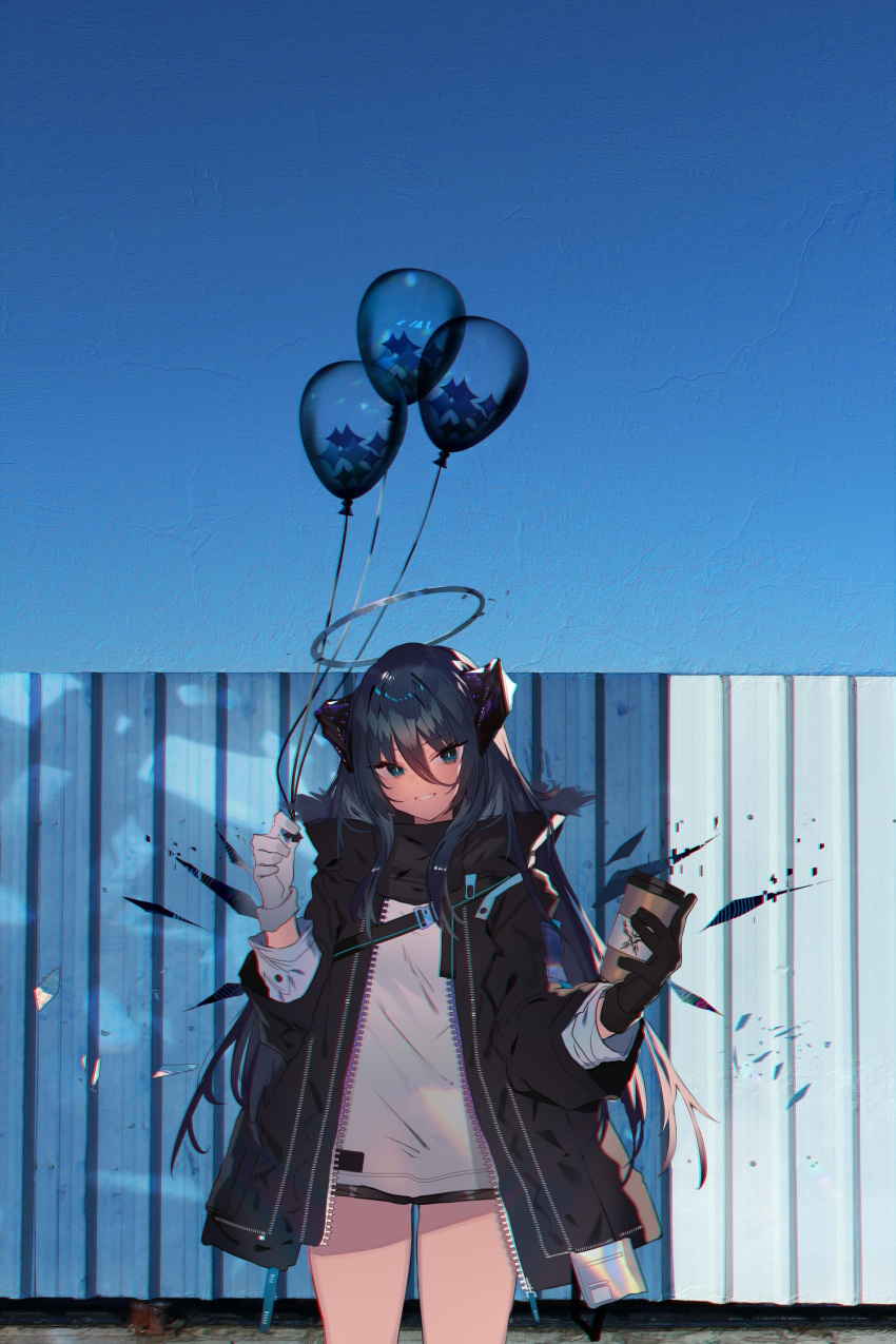1girl arknights balloon black_gloves black_jacket black_shorts blue_eyes blue_hair blue_theme coffee_cup cowboy_shot cup detached_wings disposable_cup energy_wings fence gloves great_lungmen_logo hair_between_eyes highres holding holding_balloon holding_cup jacket long_hair looking_at_viewer mismatched_gloves mostima_(arknights) open_clothes open_jacket shirt short_shorts shorts smile solo soukou_makura standing very_long_hair white_gloves white_shirt wings
