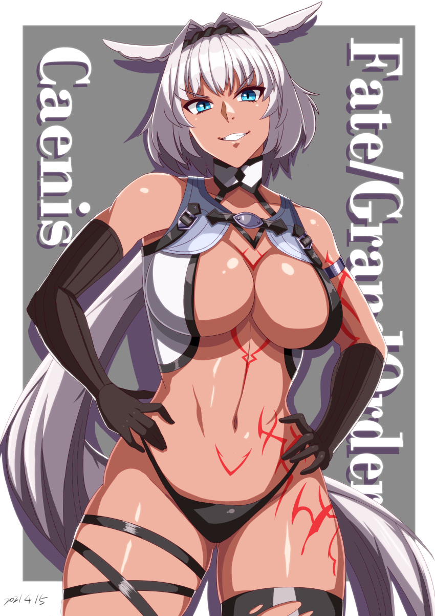 1girl absurdres animal_ears armlet bangs bare_shoulders bikini bikini_bottom black_bikini black_gloves blue_eyes body_markings breasts caenis_(fate) cleavage collarbone colored_shadow commentary_request copyright_name cowboy_shot dark_skin dark_skinned_female dated drop_shadow elbow_gloves eyebrows_visible_through_hair fate/grand_order fate_(series) gloves grey_background grin groin hair_between_eyes hair_intakes hairband hands_on_hips headpiece highleg highleg_bikini highres large_breasts long_hair looking_at_viewer moussaka navel open_clothes open_vest shadow sidelocks single_thighhigh skindentation smile solo standing stomach swimsuit teeth thighhighs toned torn_clothes torn_legwear vest white_background white_hair white_vest