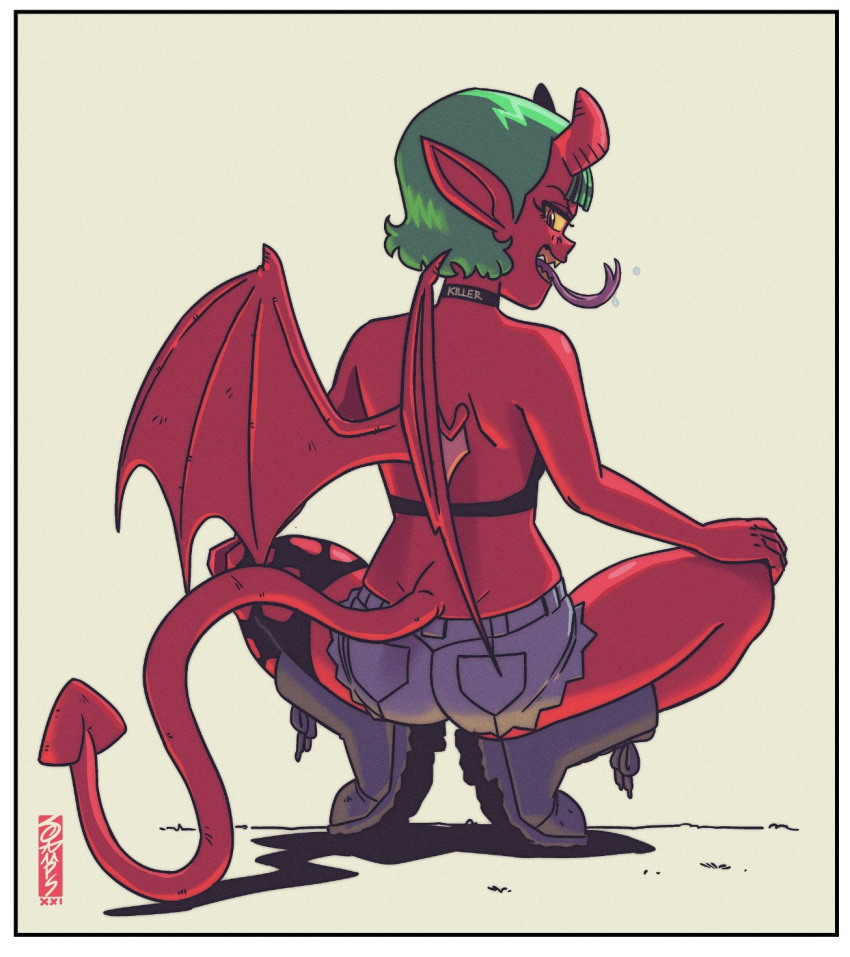 1girl boots border colored_sclera colored_skin demon_girl demon_horns demon_tail demon_wings forked_tongue from_behind full_body green_hair halter_top halterneck highres horns looking_back original pointy_ears red_eyes red_skin ryan_jampole shadow sharp_teeth short_hair short_shorts shorts signature single_thighhigh solo spread_legs tail teeth thighhighs tongue torn_clothes torn_legwear white_border wings yellow_sclera