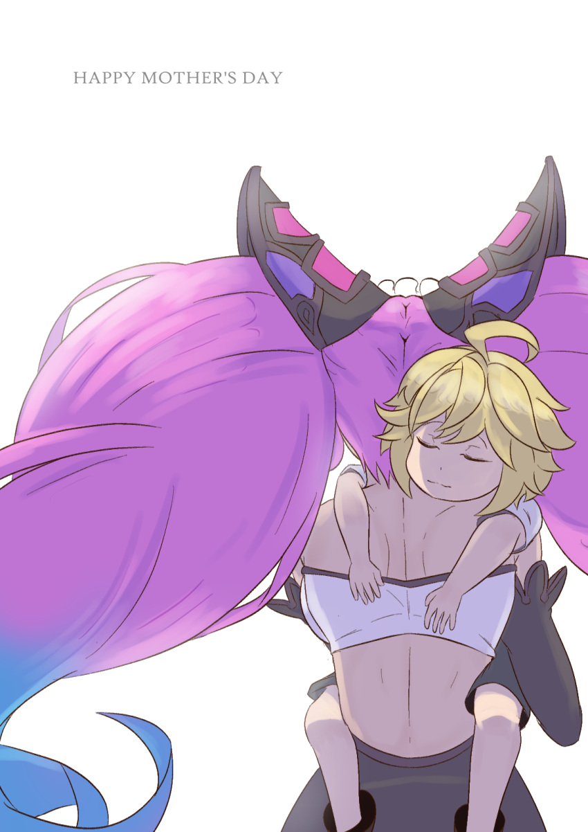 1boy 1girl ahoge blonde_hair blue_hair cleo_(dragalia_lost) closed_eyes commentary crop_top dragalia_lost elbow_gloves euden from_behind gloves gradient_hair hexel_chan highres hug light_smile maid_headdress mother's_day motherly multicolored_hair pink_hair simple_background twintails upper_body watermark white_background younger