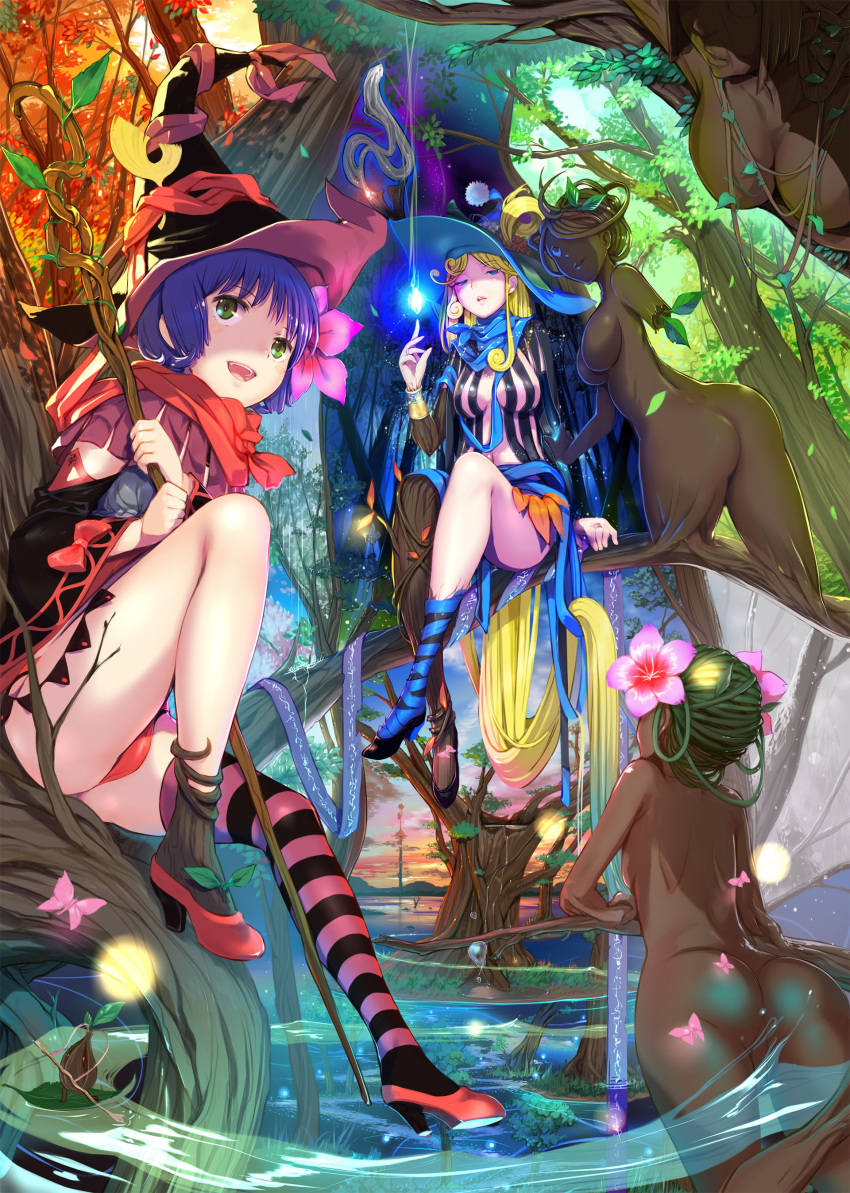 3girls absurdres ass blonde_hair blue_eyes blue_hair breasts cloud dryad green_eyes half-closed_eyes hat high_heels highres large_breasts magic mikazuki_akira! multiple_girls nature original shaded_face single_thighhigh sky staff striped striped_legwear thighhighs tree water witch witch_hat