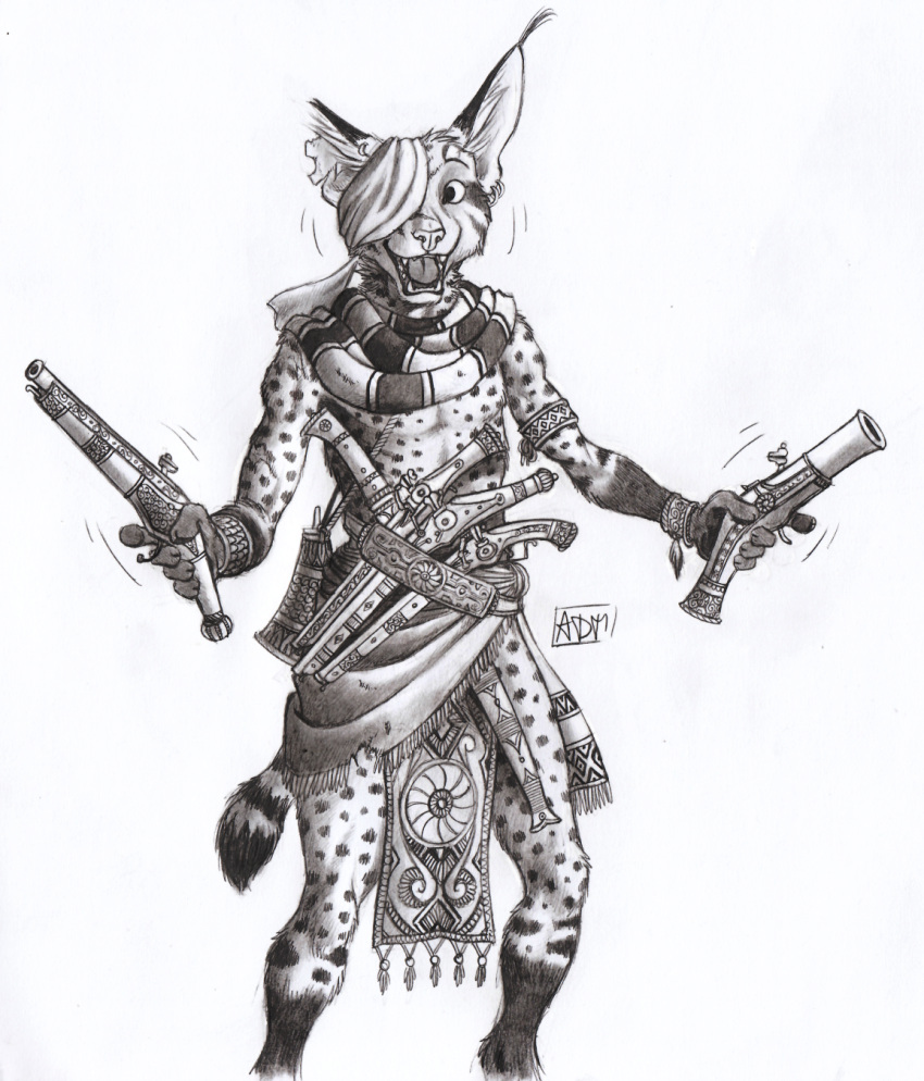 0laffson 2021 5_fingers anthro caracal caracal_(genus) clothed clothing felid feline fingers gun hi_res male mammal ranged_weapon smile solo standing traditional_media_(artwork) weapon