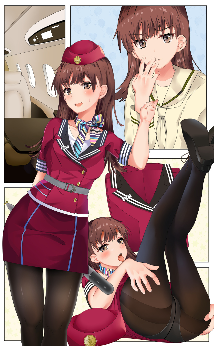 1girl absurdres airplane_interior alternate_costume ariel_(user_kear2553) black_legwear breasts brown_eyes brown_hair flight_attendant garrison_cap hat highres kantai_collection long_hair medium_breasts miniskirt ooi_(kancolle) panties panties_under_pantyhose pantyhose pencil_skirt red_headwear red_skirt short_sleeves skirt stewardess thighband_pantyhose underwear uniform white_panties