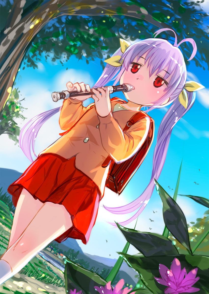 1girl antenna_hair backpack bag commentary_request flower highres instrument light_purple_hair long_hair mikazuki_akira! miyauchi_renge music non_non_biyori outdoors playing_instrument randoseru recorder red_skirt skirt solo tree twintails