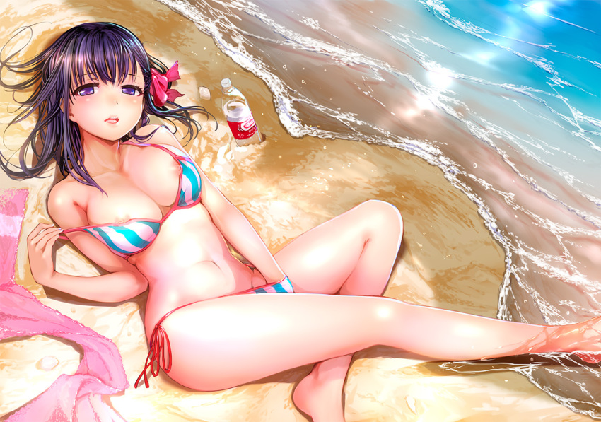 1girl barefoot beach bikini bottle bow breasts collarbone commentary_request eyebrows_visible_through_hair fate/stay_night fate_(series) hair_bow hair_ribbon hand_in_bikini hand_in_panties large_breasts long_hair looking_at_viewer matou_sakura mikazuki_akira! navel nipple_slip nipples open_mouth outdoors panties pink_bow purple_eyes purple_hair red_ribbon ribbon sand solo striped swimsuit towel underwear vertical-striped_bikini vertical_stripes water water_bottle