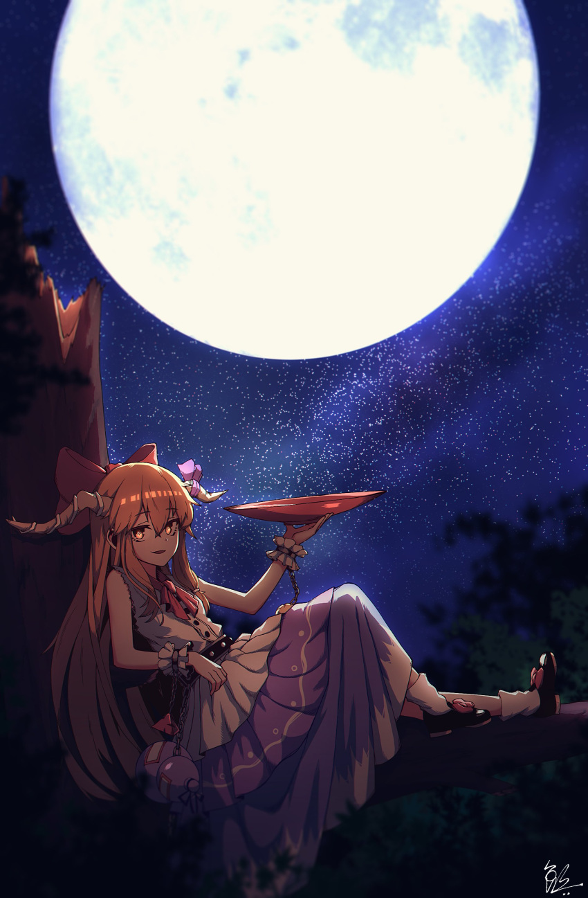 1641_(chfhrtor94) 1girl absurdres alcohol bangs belt black_footwear blue_bow blue_skirt bow brown_eyes chain cube cuffs cup drunk footwear_bow full_moon gourd hair_bow highres horn_bow horn_ornament horn_ribbon horns ibuki_suika long_hair loose_socks low-tied_long_hair moon neckerchief night night_sky oni orange_eyes orange_hair pyramid_(geometry) red_bow red_neckwear ribbon sakazuki sake shackles shirt shoes sidelocks skirt sky sleeveless sleeveless_shirt sphere torn_clothes torn_sleeves touhou white_legwear white_shirt wrist_cuffs