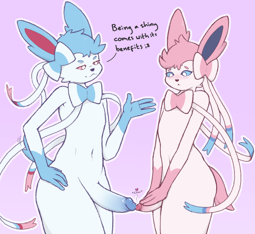 absurd_res anthro big_penis blue_body blue_fur blue_hair blue_sclera blush bodily_fluids canid canine comparing comparing_penis covering dialogue duo eeveelution embarrassed erection frottage fur genital_fluids genitals girly gloves_(marking) hair hi_res humanoid_genitalia humanoid_penis male male/male mammal markings nintendo nude penis penis_size_difference pink_body pink_fur pink_hair pink_sclera pok&eacute;mon pok&eacute;mon_(species) precum precum_on_penis sex size_difference small_penis smug sylveon text tinysmallman touching_tips video_games