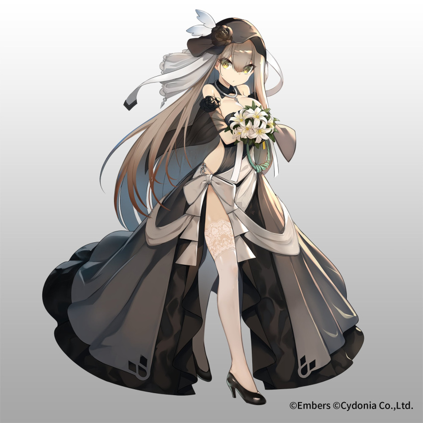 1girl 88_flak_(ash_arms) amagasa_yun ash_arms bangs black_dress black_footwear black_headwear boots bouquet breasts brown_hair cleavage closed_mouth commentary_request dress flower gradient gradient_background grey_background hat hat_feather high_heel_boots high_heels highres holding holding_bouquet jewelry light_frown long_dress long_hair looking_at_viewer medium_hair necklace official_art showgirl_skirt side_cutout solo standing thighhighs very_long_hair watermark white_legwear yellow_eyes