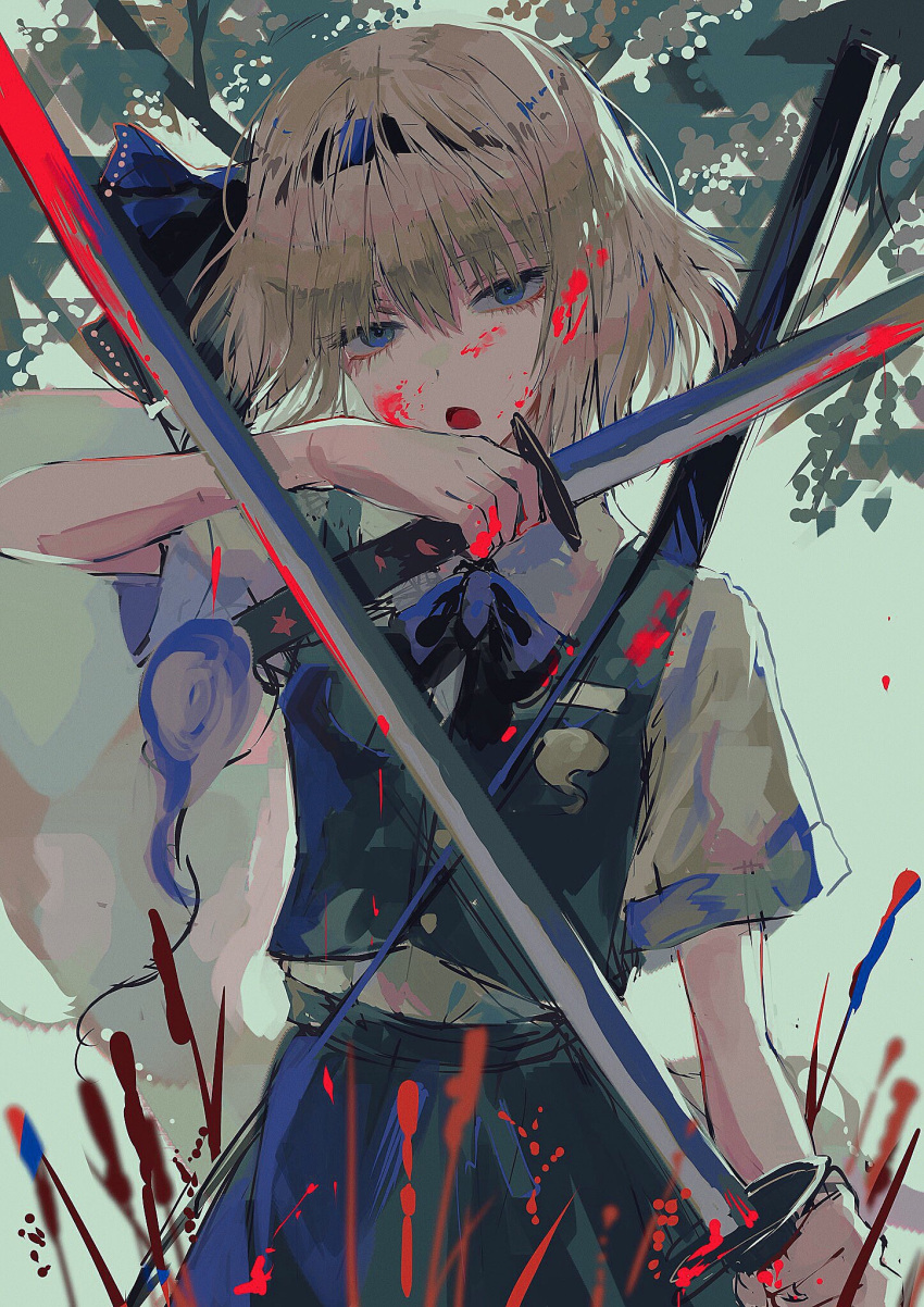 1girl black_bow black_hairband black_neckwear black_ribbon blood bloody_clothes bloody_hair bloody_hands bloody_weapon blue_eyes bob_cut bow bowtie breasts collared_shirt frilled_skirt frills ghost green_skirt green_vest hair_ribbon hairband highres hitodama hitodama_print katana konpaku_youmu medium_breasts ribbon rin_(rin7kan7) scabbard sheath sheathed shirt short_hair short_sleeves silver_hair skirt skirt_set small_breasts sword touhou tree_branch vest wakizashi weapon weeds white_shirt