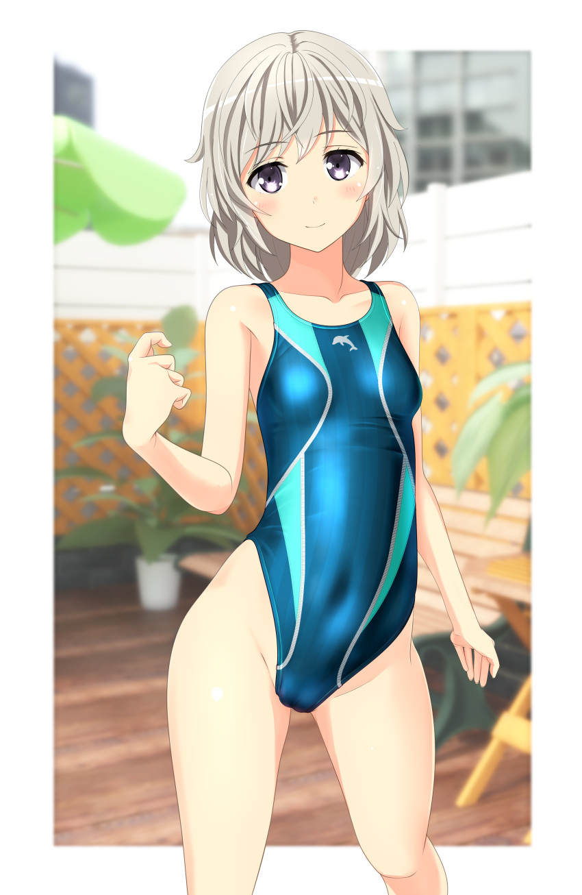 1girl absurdres bench blue_swimsuit blurry breasts cameltoe competition_swimsuit contrapposto covered_navel cowboy_shot depth_of_field dolphin_print fence grey_eyes groin high_school_fleet highleg highleg_swimsuit highres looking_at_viewer multicolored multicolored_clothes multicolored_swimsuit one-piece_swimsuit plant short_hair silver_hair small_breasts solo standing swimsuit takafumi tateishi_shima umbrella wooden_fence