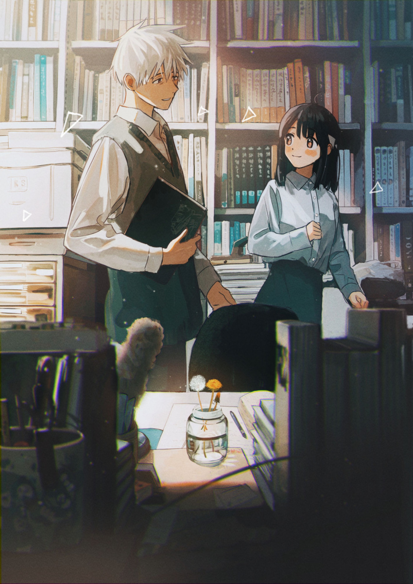 1boy 1girl ahoge black_hair blue_shirt blurry blurry_foreground blush book bookshelf brown_eyes brown_sweater_vest chair closed_mouth collared_shirt commentary_request day desk dress_shirt dust_particles flower hand_up highres holding holding_book indoors long_sleeves looking_at_another medium_hair office office_chair open_collar original pen printer shirt short_hair smile spiked_hair sunlight tadano_(toriaezu_na_page) triangle white_hair white_shirt