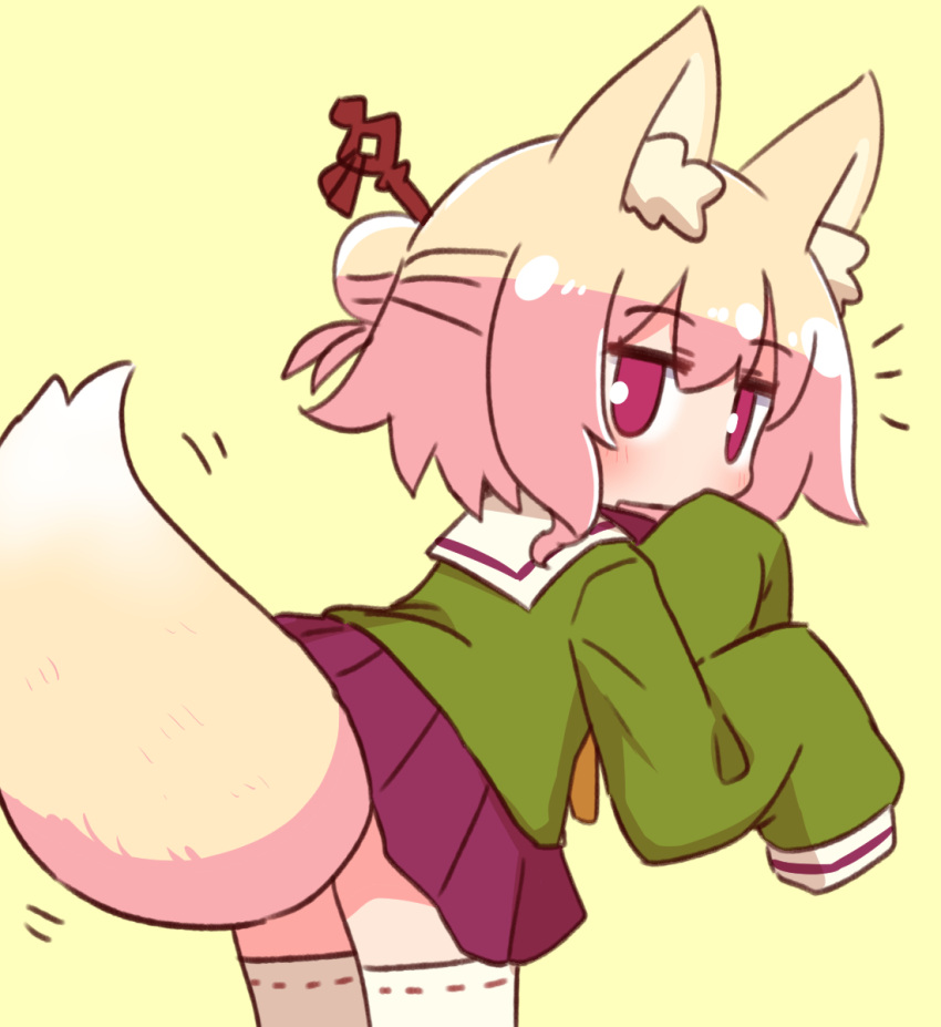 1girl animal_ear_fluff animal_ears bangs blonde_hair blush brown_background commentary_request covered_mouth eyebrows_visible_through_hair fox_ears fox_girl fox_tail from_behind green_shirt hair_between_eyes hair_bun hair_ornament hand_up highres kemomimi-chan_(naga_u) long_sleeves looking_at_viewer looking_back naga_u orange_neckwear original pleated_skirt purple_skirt red_eyes ribbon-trimmed_legwear ribbon_trim sailor_collar shirt simple_background skirt sleeves_past_fingers sleeves_past_wrists solo standing tail thighhighs white_legwear white_sailor_collar