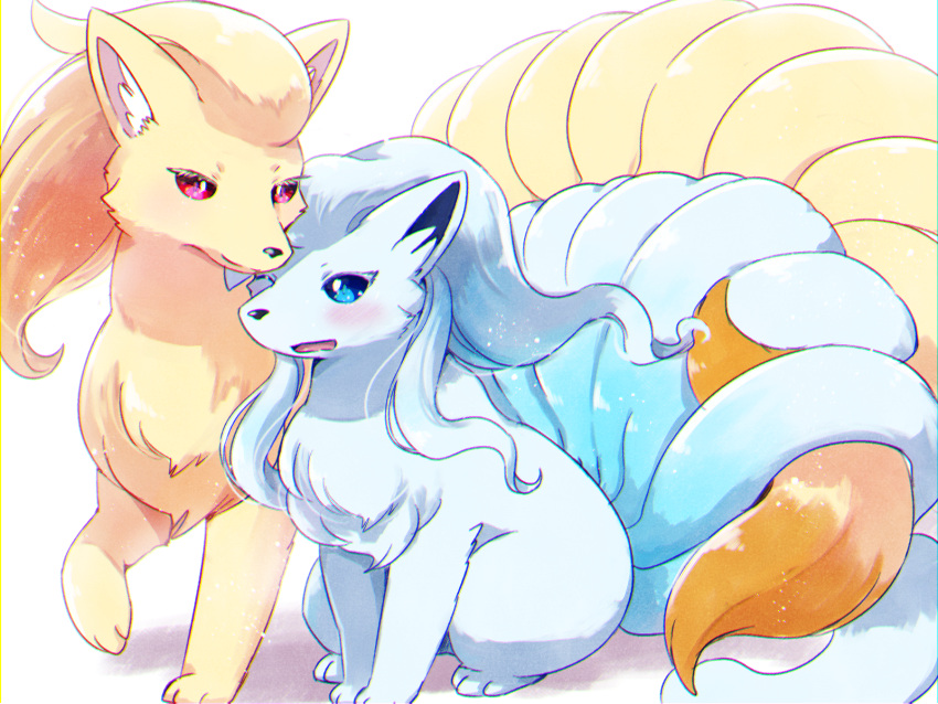 2020 4:3 9_tails alolan_ninetales ambiguous/ambiguous ambiguous_gender black_nose blue_body blue_eyes blue_fur blue_hair blush chest_tuft chromatic_aberration duo entwined_tails female_(lore) feral fur hair hi_res inner_ear_fluff kemono kemoribbon long_hair looking_at_another multi_tail ninetales nintendo open_mouth paws pok&eacute;mon pok&eacute;mon_(species) quadruped red_eyes regional_form_(pok&eacute;mon) tail_coil tan_body tan_fur tan_hair tuft video_games white_body white_fur