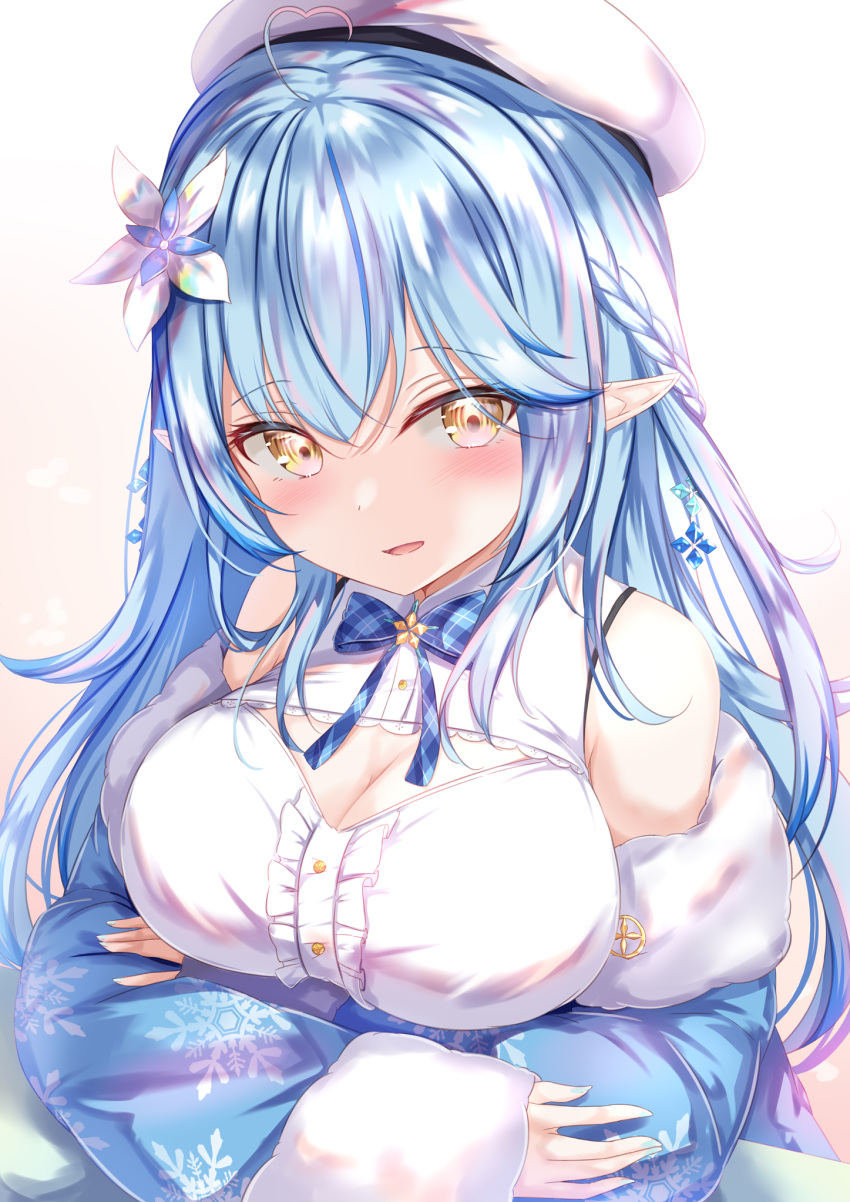 1girl bare_shoulders blue_hair bow bowtie braid breasts cleavage cleavage_cutout clothing_cutout flower fur_trim hair_flower hair_ornament hat highres hololive long_hair long_sleeves looking_at_viewer off_shoulder pointy_ears shirt sidelocks solo upper_body virtual_youtuber white_headwear white_shirt wide_sleeves yellow_eyes yuano yukihana_lamy