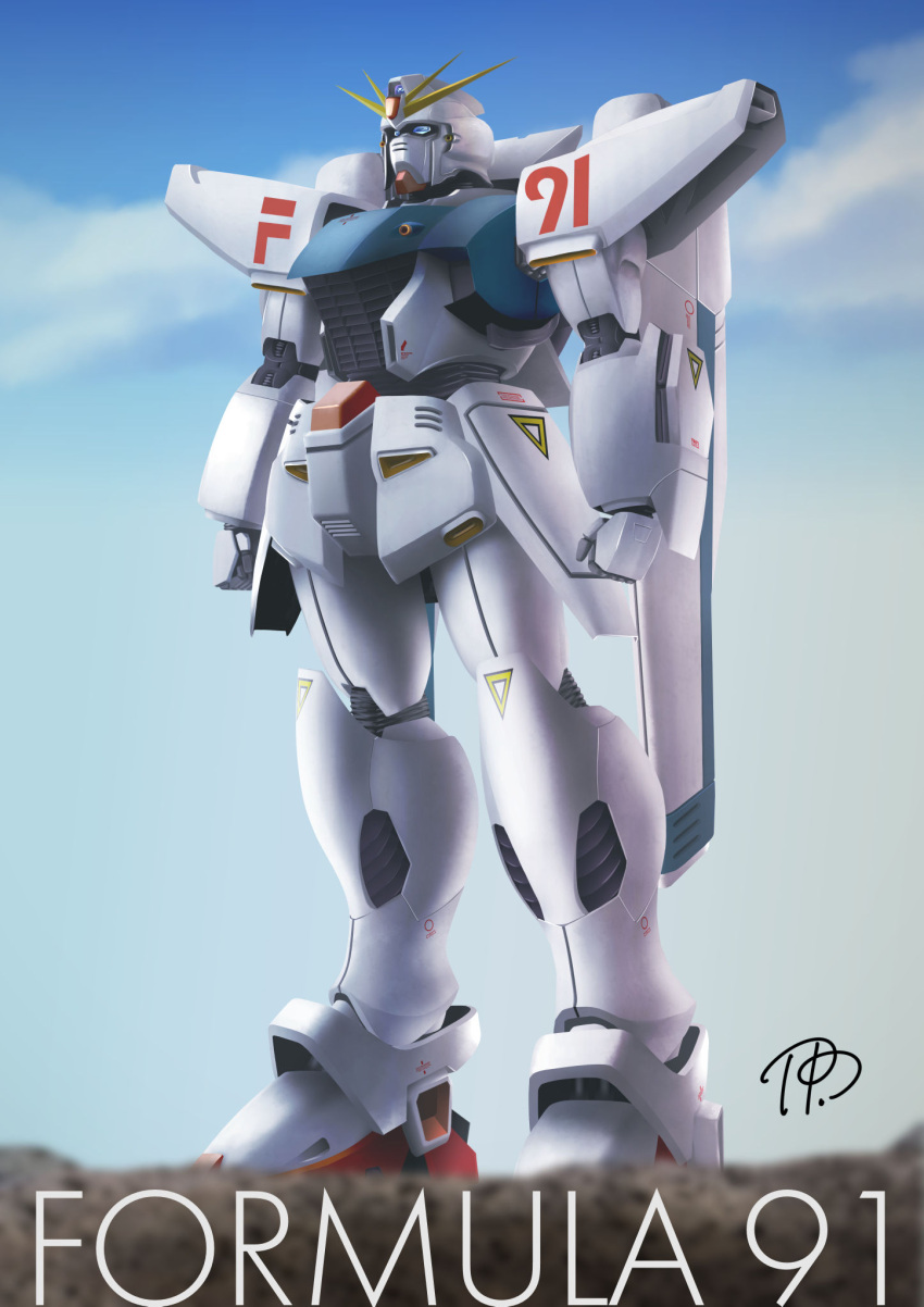 blue_sky cannon character_name cloud cloudy_sky day f91_gundam gachiling ground gun gundam gundam_f91 highres machine_gun mecha no_humans outdoors signature sky thrusters weapon