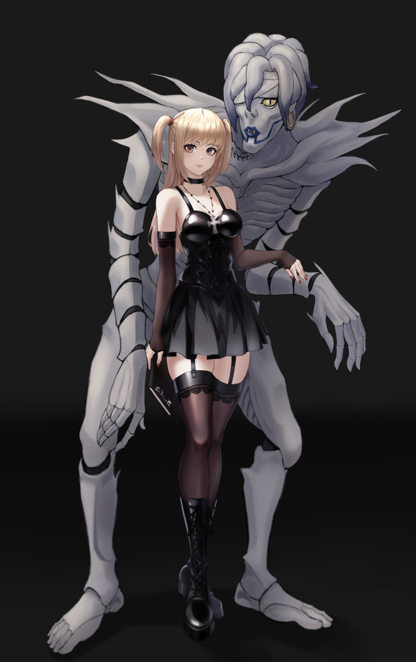 1boy 1girl amane_misa angdo_(kakajo26) bangs bare_shoulders black_background black_choker black_dress black_footwear black_legwear blonde_hair book boots breasts character_request choker cross cross_necklace death_note death_note_(object) detached_sleeves dress earrings fangs full_body garter_straps gloves highres holding holding_book jewelry knee_boots long_hair looking_at_viewer medium_breasts necklace red_nails skindentation slit_pupils standing thighhighs yellow_eyes