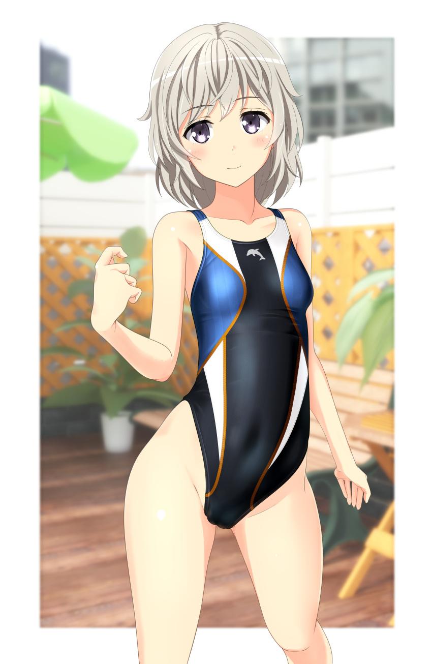 1girl absurdres bench black_swimsuit blurry breasts cameltoe competition_swimsuit contrapposto covered_navel cowboy_shot depth_of_field dolphin_print fence grey_eyes groin high_school_fleet highleg highleg_swimsuit highres looking_at_viewer multicolored multicolored_clothes multicolored_swimsuit one-piece_swimsuit plant short_hair silver_hair small_breasts solo standing swimsuit takafumi tateishi_shima umbrella wooden_fence