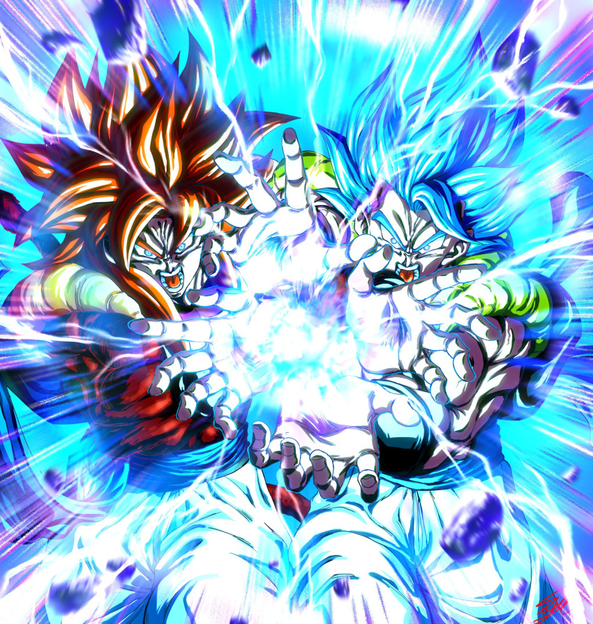 2boys biceps blue_eyes blue_hair commentary dragon_ball dragon_ball_gt dragon_ball_super dragon_ball_super_broly dual_persona energy_beam gogeta highres incoming_attack kamehameha looking_at_viewer male_focus metamoran_vest monkey_boy multiple_boys muscular muscular_male open_mouth red_fur red_hair saiyan screaming stynl_f super_saiyan super_saiyan_4 super_saiyan_blue teeth tongue