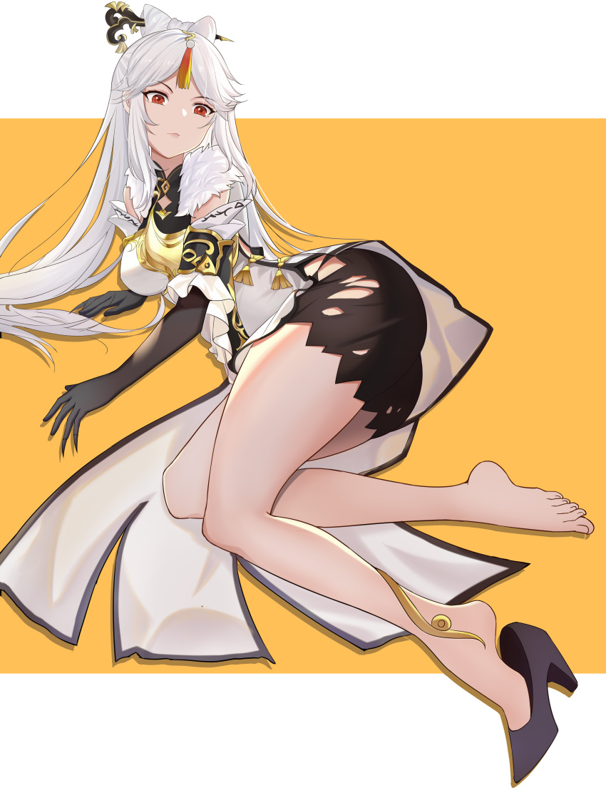1girl absurdres ass barefoot black_shorts breasts china_dress chinese_clothes commentary_request dress elbow_gloves error fur-trimmed_dress fur_trim genshin_impact gloves hair_ornament hair_stick highres large_breasts legs long_hair looking_at_viewer lying ningguang_(genshin_impact) on_side orange_background red_eyes shigeru_orange shoes shorts shorts_under_dress single_shoe solo tassel two-tone_background white_background white_dress white_hair wrong_feet