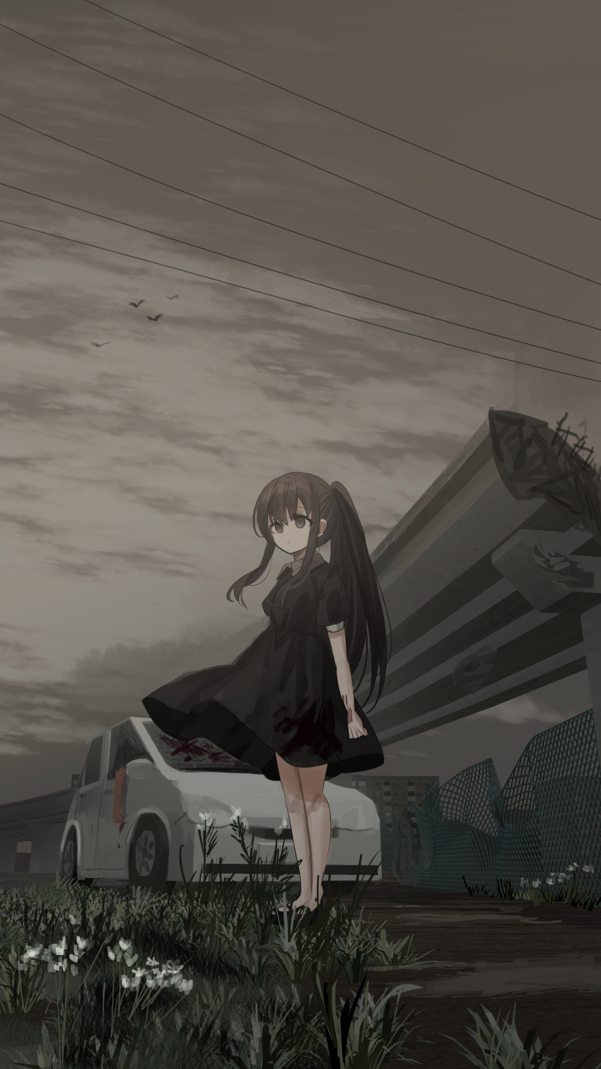 1girl 1other absurdres black_dress black_footwear black_hair blood bloody_clothes broken broken_window brown_eyes building car chihuri cloud cloudy_sky collared_dress dress fence flower ground_vehicle highres long_hair motor_vehicle original outdoors overpass ponytail power_lines puffy_short_sleeves puffy_sleeves shoes short_sleeves sky solo_focus very_long_hair white_flower yana_(chihuri) younger