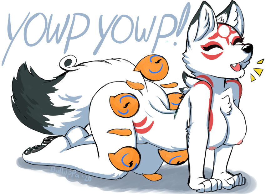 all_fours amaterasu anthro breasts bulluppa butt canid canine canis capcom chest_tuft deity dipstick_tail eyes_closed feet female fluffy fluffy_tail fur hi_res mammal multicolored_tail nude pawpads paws simple_background smile solo tuft video_games white_body white_fur wolf ōkami