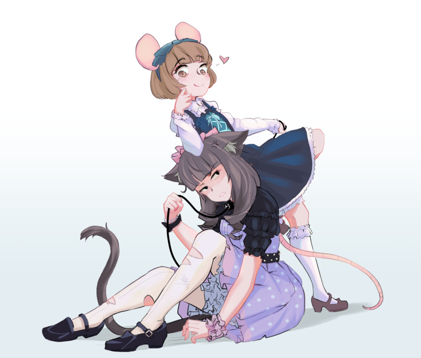 2girls anger_vein animal_ears bangs black_footwear black_hair blunt_bangs blush brown_eyes brown_hair cat_ears cat_girl cat_tail collar dress frilled_dress frills genderswap genderswap_(mtf) gradient gradient_background grey_background heart highres hiwonoafu holding holding_leash jerry_(tom_and_jerry) juliet_sleeves leash legs long_sleeves looking_at_another looking_down mary_janes mouse_ears mouse_girl mouse_tail multiple_girls personification puffy_sleeves shoes tail tom_(tom_and_jerry) tom_and_jerry white_background white_legwear wrist_cuffs yuri