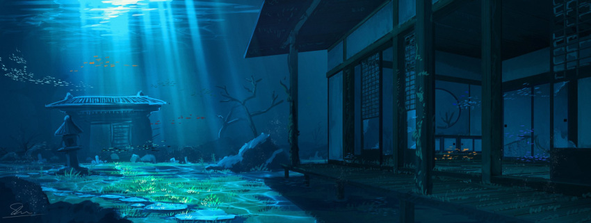 aqua_theme architecture bare_tree caustics commentary_request dappled_sunlight east_asian_architecture highres immersed moss no_humans original outdoors rock scenery shoal shouji shuu_illust signature sliding_doors stepping_stones stone_lantern sunlight tree underwater veranda