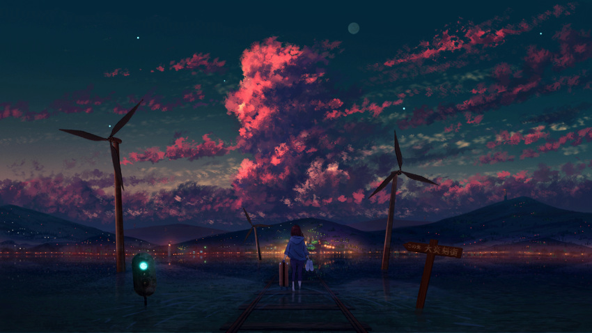 1girl aqua_sky barefoot black_pants cloud commentary_request cumulonimbus_cloud dithering evening facing_away from_behind full_moon highres hill holding holding_clothes holding_footwear hood hood_down hoodie lighthouse luggage moon original outdoors pants railroad_tracks red_clouds red_hair ripples road_sign scenery shoes_removed shuu_illust sign sky solo traffic_light very_wide_shot wading walking wind_turbine