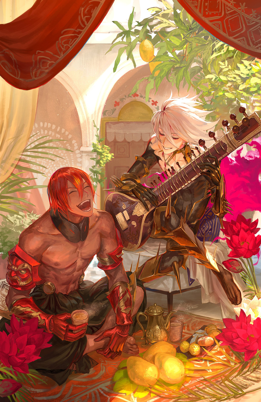 2boys absurdres ashwatthama_(fate) bodysuit closed_eyes collar commentary_request crossed_legs dark_skin earrings egawa_akira fate/apocrypha fate/grand_order fate_(series) flower food fruit gauntlets grin hair_between_eyes highres indian_style instrument jewelry karna_(fate) laughing male_focus multiple_boys music pitcher playing_instrument red_hair sitar sitting smile spiked_collar spikes tree white_hair