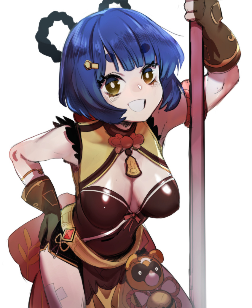 1girl black_shorts blue_hair braid braided_bun breasts brown_eyes brown_gloves china_dress chinese_clothes cleavage cleavage_cutout clothing_cutout dolphin_shorts dress eyebrows_visible_through_hair fingerless_gloves genshin_impact gloves grin guoba_(genshin_impact) hand_on_hip highres holding holding_polearm holding_weapon leaning_forward looking_at_viewer medium_breasts mole mole_on_breast planted_weapon polearm sho-n-d short_eyebrows short_hair shorts sleeveless smile solo thick_eyebrows weapon white_background xiangling_(genshin_impact)