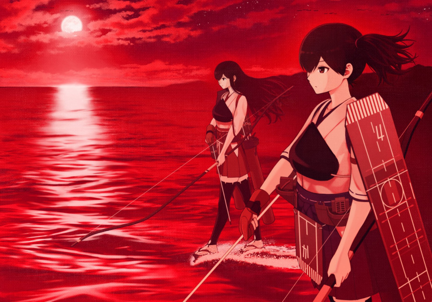 2girls akagi_(kancolle) arrow_(projectile) bangs bow_(weapon) breasts closed_mouth cloud expressionless flight_deck full_moon gloves hakama hakama_skirt highres holding holding_arrow holding_bow_(weapon) holding_weapon horizon japanese_clothes kaga_(kancolle) kantai_collection long_hair monochrome moon moonlight multiple_girls muneate night ocean outdoors partially_fingerless_gloves ponytail porupurucha quiver red_theme rigging side_ponytail single_glove sky standing standing_on_liquid star_(sky) tasuki thighhighs water weapon yugake