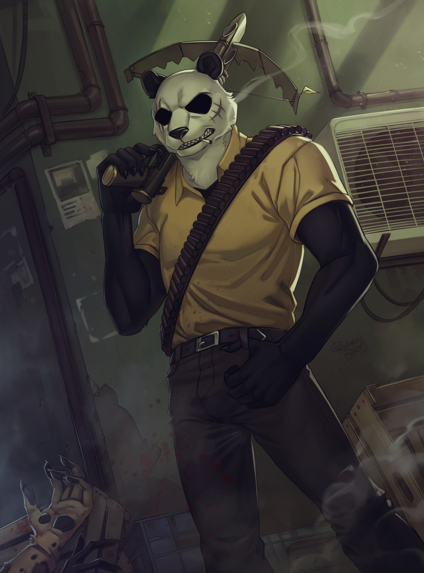 2021 5_fingers anthro bandolier beastars black_body black_fur bottomwear cigarette clothed clothing crossbow eye_scar facial_scar fingers fully_clothed fur giant_panda gouhin hi_res holding_object holding_weapon male mammal netflix orphen-sirius pants pipe ranged_weapon scar shirt smoking solo teeth topwear ursid weapon white_body white_fur yellow_clothing