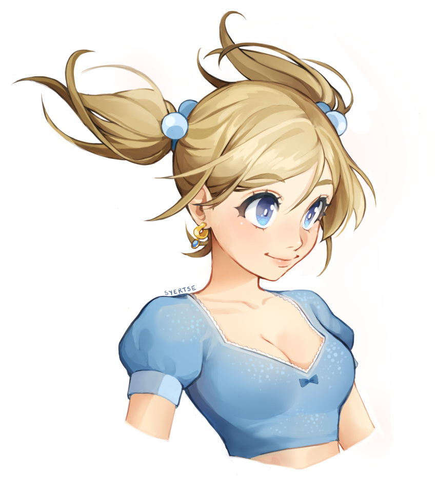1girl artist_name blonde_hair blue_shirt breasts bubbles_(ppg) cleavage crop_top cropped_torso earrings floating_hair hair_behind_ear highres jewelry juliet_sleeves long_sleeves medium_breasts medium_hair powerpuff_girls puffy_sleeves shirt smile solo syertse twintails upper_body white_background