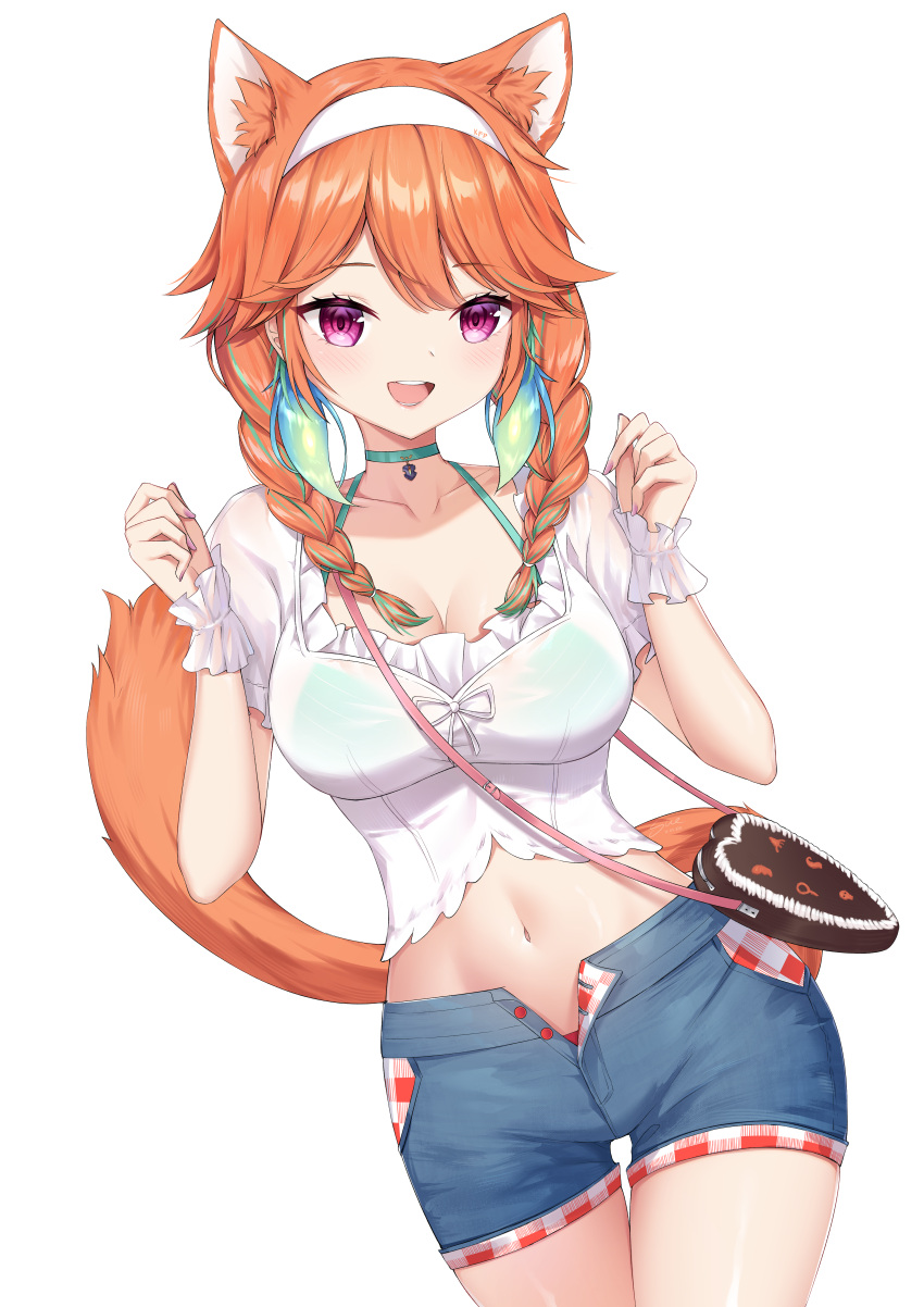 1girl :d absurdres animal_ear_fluff animal_ears bag bangs blue_shorts blush braid breasts cat_ears cat_tail choker cleavage collarbone earrings feather_earrings feathers grey_choker hairband hands_up heart-shaped_bag highres hololive hololive_english jewelry large_breasts long_hair looking_at_viewer navel open_mouth orange_hair panties pink_eyes shirt short_shorts shorts simple_background smile solo striped sue_(myblackstar5) tail takanashi_kiara twin_braids underwear upper_teeth virtual_youtuber white_background white_hairband wrist_cuffs