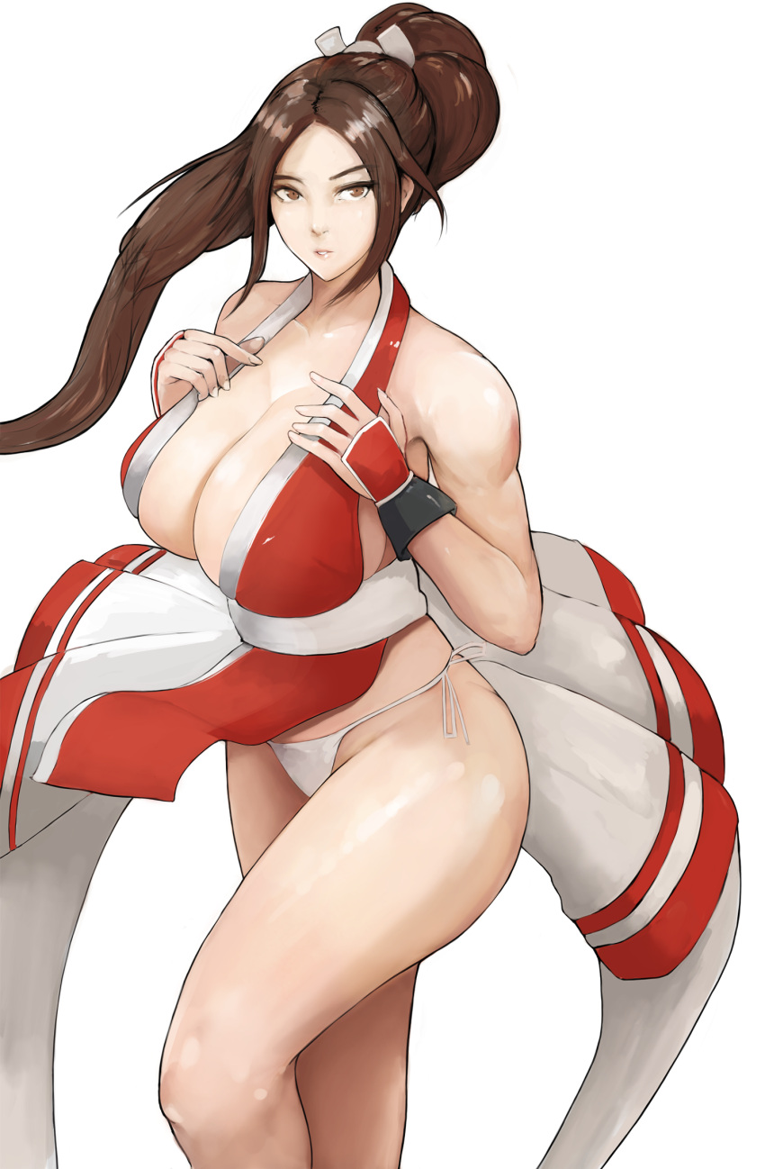 1girl ahoge breasts brown_eyes brown_hair cleavage closed_mouth collarbone fatal_fury fingerless_gloves fundoshi gloves hair_between_eyes highres japanese_clothes kimono large_breasts long_hair looking_at_viewer memory342 obi panties ponytail red_kimono sash shiranui_mai simple_background solo the_king_of_fighters thick_thighs thighs tied_hair underwear upskirt