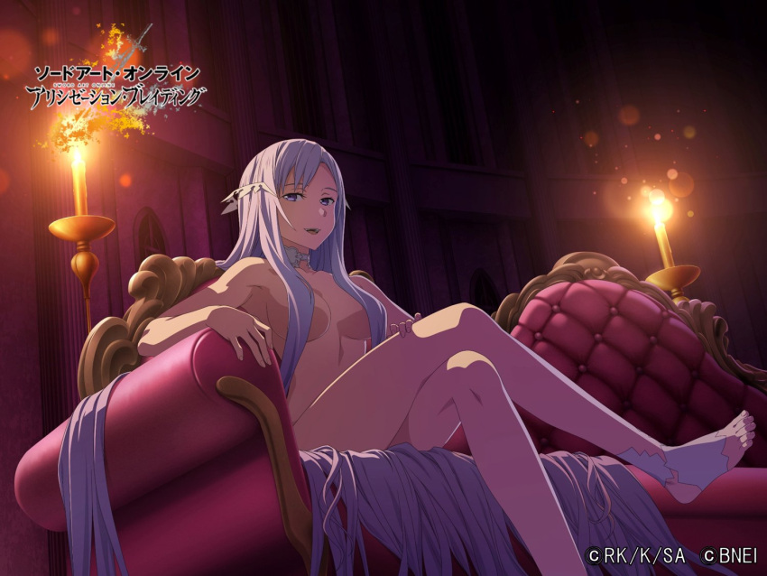 1girl artist_request bare_legs candle cathedral choker couch crossed_legs feet hair_censor hair_over_breasts hair_over_crotch light_purple_hair long_hair looking_at_viewer night nude open_mouth purple_eyes quinella sword_art_online sword_art_online:_alicization very_long_hair white_choker