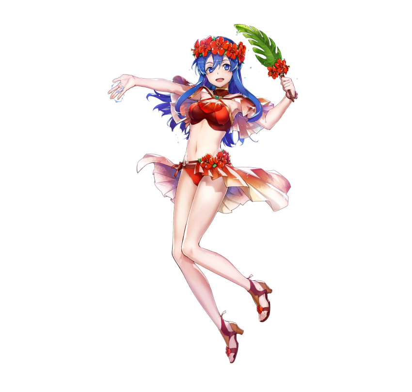 1girl bangs bare_arms bikini blue_eyes blue_hair bracelet breasts bunbun capelet fire_emblem fire_emblem:_the_binding_blade fire_emblem_heroes flower full_body hair_ornament head_wreath hibiscus high_heels highres holding jewelry legs lilina_(fire_emblem) long_hair looking_at_viewer medium_breasts navel official_art open_mouth red_bikini sandals shiny shiny_hair smile solo stomach swimsuit toeless_footwear toes transparent_background updated_art