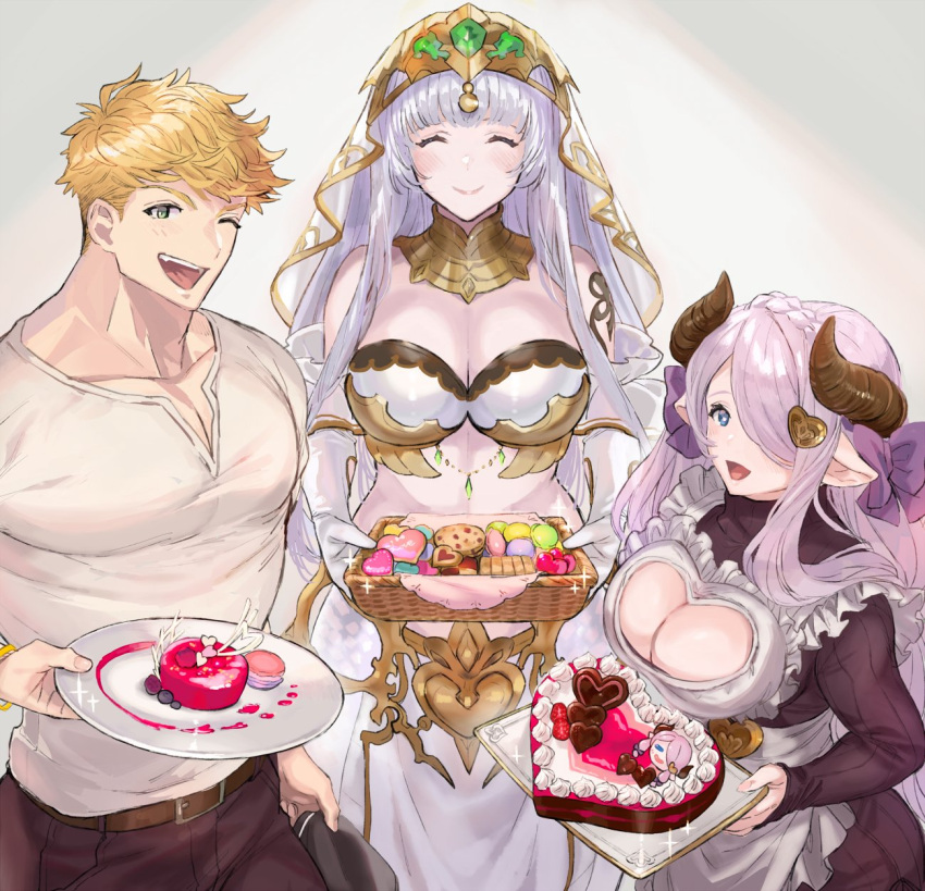 1boy 2girls apron bangs bare_shoulders belt blonde_hair blue_eyes blunt_bangs bow braid breasts brown_belt brown_pants cake cleavage cleavage_cutout closed_eyes closed_mouth clothing_cutout commentary_request cookie crown_braid dessert draph echidna_(granblue_fantasy) elbow_gloves food frilled_apron frills gloves granblue_fantasy green_eyes hair_bow hair_ornament hair_over_one_eye heart heart_cutout heart_hair_ornament highres holding holding_food horns jewelry large_breasts long_hair long_sleeves male_cleavage midriff mm86262394 mother's_day multiple_girls narmaya_(granblue_fantasy) neck_ring one_eye_closed one_eye_covered open_mouth pants pointy_ears purple_bow purple_hair ribbed_sweater shirt short_hair silver_hair single_braid sleeves_past_wrists smile sparkle strapless sweater turtleneck vane_(granblue_fantasy) veil white_apron white_gloves white_shirt