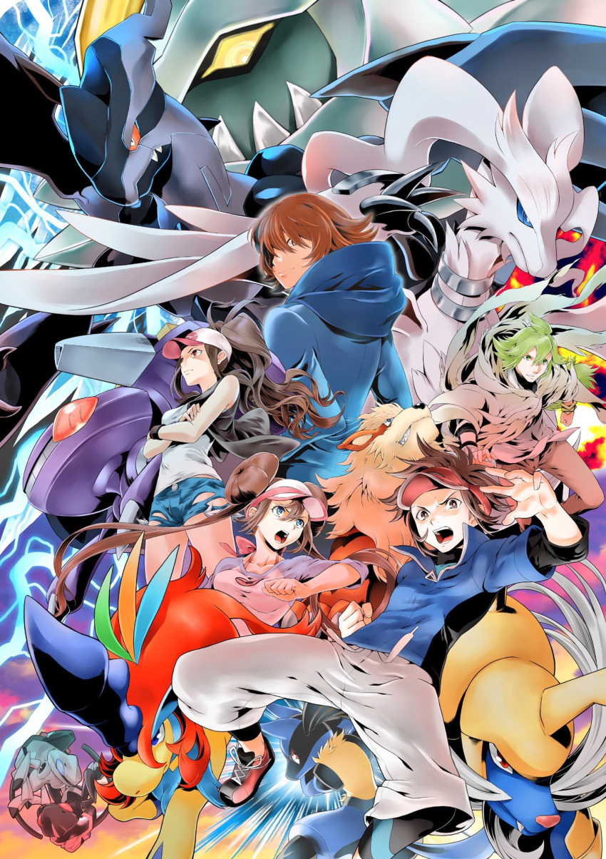 2girls 3boys arcanine bangs baseball_cap black_vest blue_eyes blue_jacket blue_shorts bow breasts brown_hair brown_pants capri_pants clenched_hand closed_mouth commentary_request crossed_arms electricity eyelashes floating_hair gen_1_pokemon gen_5_pokemon genesect green_hair hat highres hilbert_(pokemon) hilda_(pokemon) hood hood_down jacket keldeo kyurem legendary_pokemon leggings looking_back multiple_boys multiple_girls mythical_pokemon n_(pokemon) nate_(pokemon) open_clothes open_mouth open_vest pants pink_bow pokemon pokemon_(creature) pokemon_(game) pokemon_bw raglan_sleeves red_headwear reshiram rosa_(pokemon) ryuusei_(trickster) samurott shirt shorts smile teeth tongue vest visor_cap white_shirt wristband zekrom zipper_pull_tab