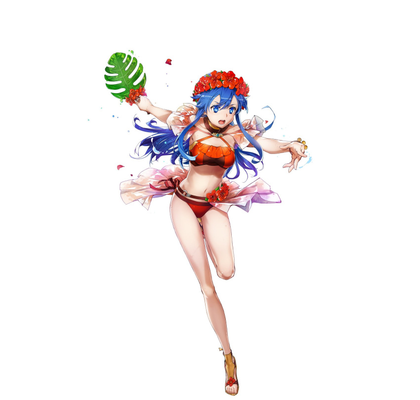 1girl bangs bare_arms bikini blue_eyes blue_hair bracelet breasts bunbun fire_emblem fire_emblem:_the_binding_blade fire_emblem_heroes flower full_body hair_ornament hands_up head_wreath hibiscus highres holding jewelry leaf leg_up lilina_(fire_emblem) long_hair medium_breasts navel official_art open_mouth palm_leaf red_bikini sandals shiny shiny_hair solo stomach swimsuit thighs toes transparent_background updated_art