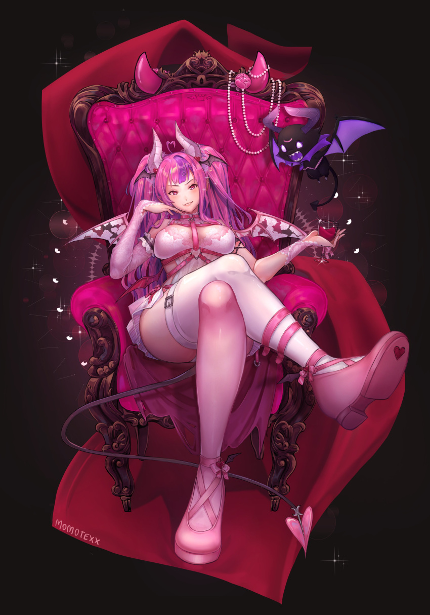 absurdres alternate_costume breasts chair choker crossed_legs demon_girl dress hair_ornament heart highres horns ironmouse large_breasts momote multicolored_hair multiple_girls pink_footwear pink_hair red_eyes sitting streaked_hair thigh_strap thighhighs twintails vshojo white_dress white_horns wing_hair_ornament wings