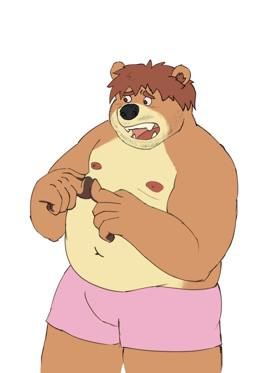 2021 absurd_res anthro belly black_nose brown_body brown_fur clothing fur hi_res humanoid_hands male mammal navel nipples overweight overweight_anthro overweight_male sato_afroleone simple_background solo underwear ursid white_background