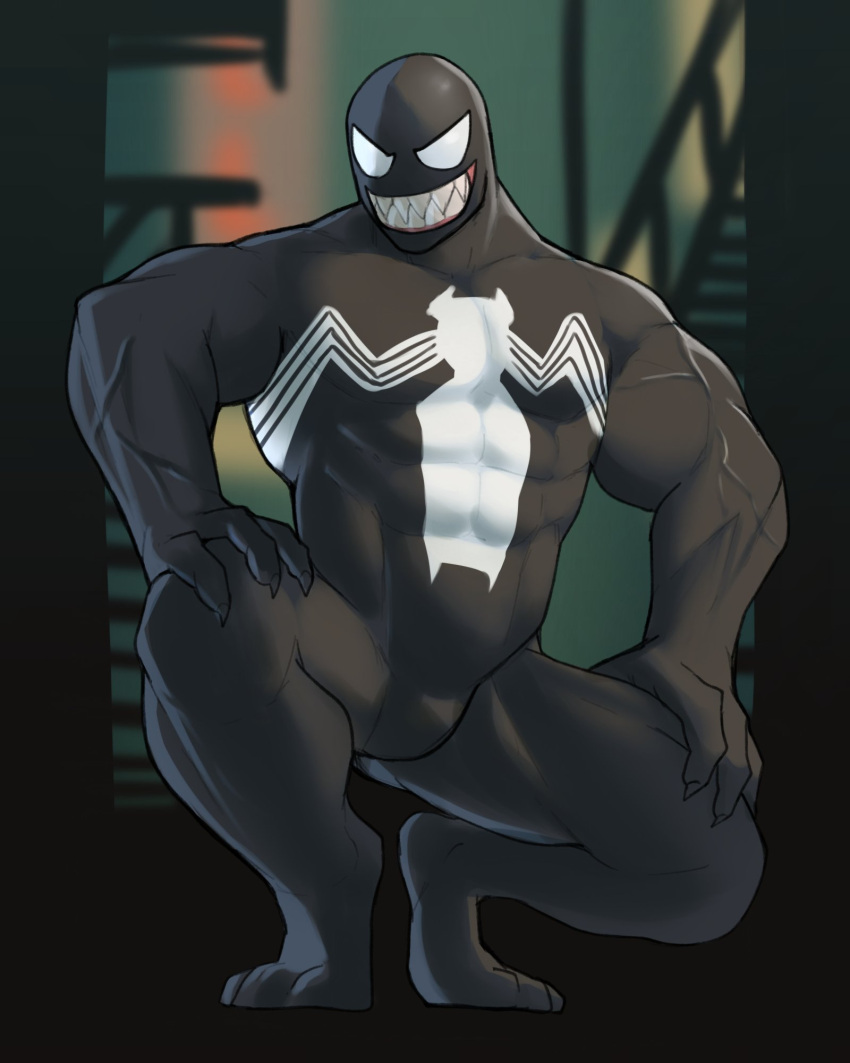 2021 abs alien anthro clothing crouching hi_res humanoid jrjresq looking_at_viewer male marvel muscular muscular_humanoid muscular_male not_furry nude sharp_teeth shirt smile solo symbiote teeth topwear vein venom_(marvel) white_eyes