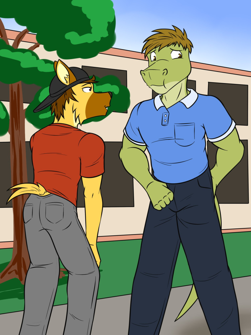 alligator alligatorid anthro backwards_baseball_cap baseball_cap bottomwear clothed clothing crocodilian duo fully_clothed furgonomics fuze fuzeyeen gabriel_(fuze) hat headgear headwear hi_res hyaenid male mammal outside pants polo_shirt reptile scalie shirt spotted_hyena t-shirt topwear zipping_up