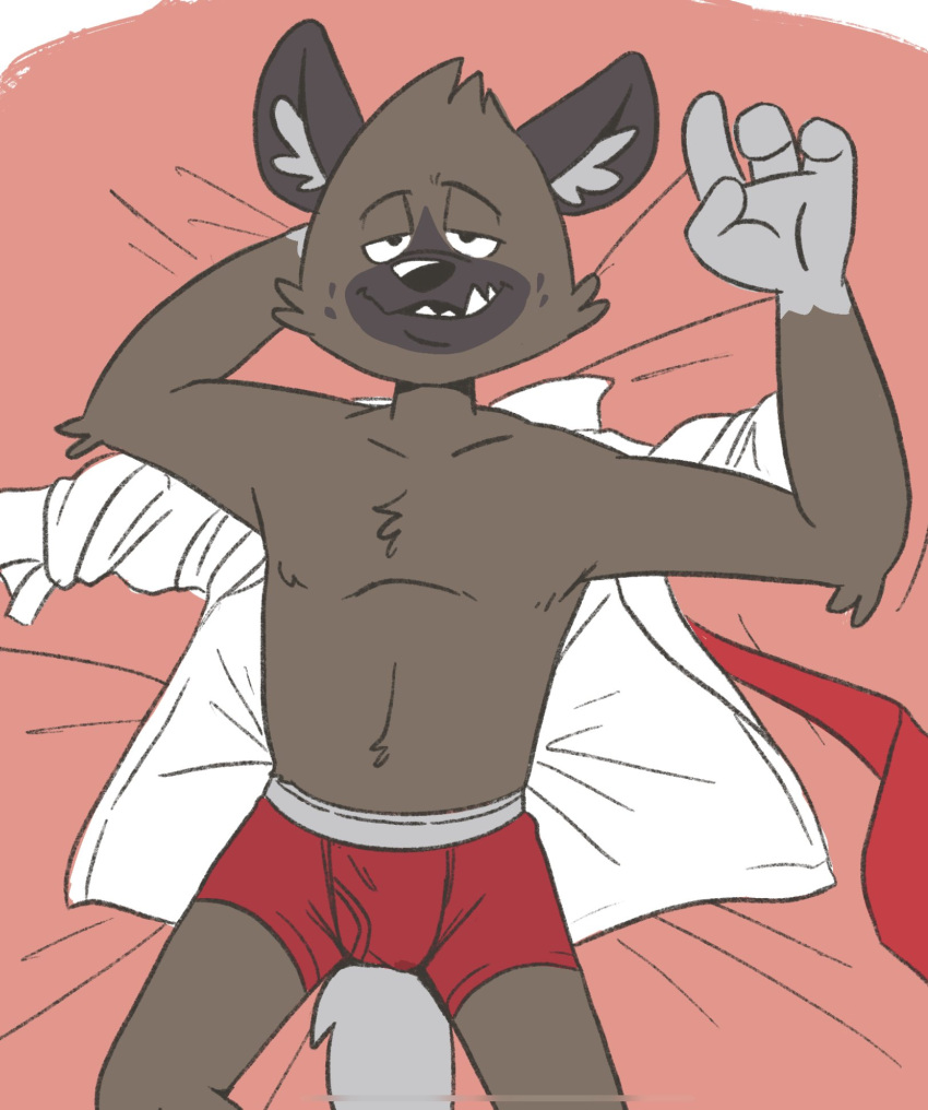 aggressive_retsuko anthro boxer_briefs brown_body brown_fur clothing dress_shirt fur gray_waistband grey_body grey_fur haida heyitscousindave hi_res hyaenid male mammal necktie open_mouth red_boxer_briefs red_clothing red_necktie red_underwear sanrio shirt solo spotted_hyena teeth_showing topwear underbite underwear white_clothing white_shirt white_topwear